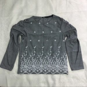 Zara gray embroidered blouse with ruched shoulders